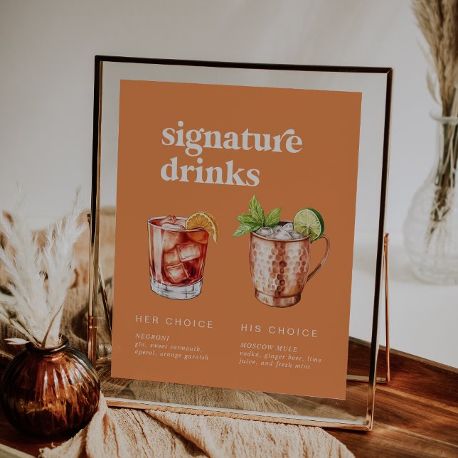 Retro Summer Orange Bröllop Namnteckning Drinks Si Poster (Retro Summer Orange Wedding Signature Drinks Sign)