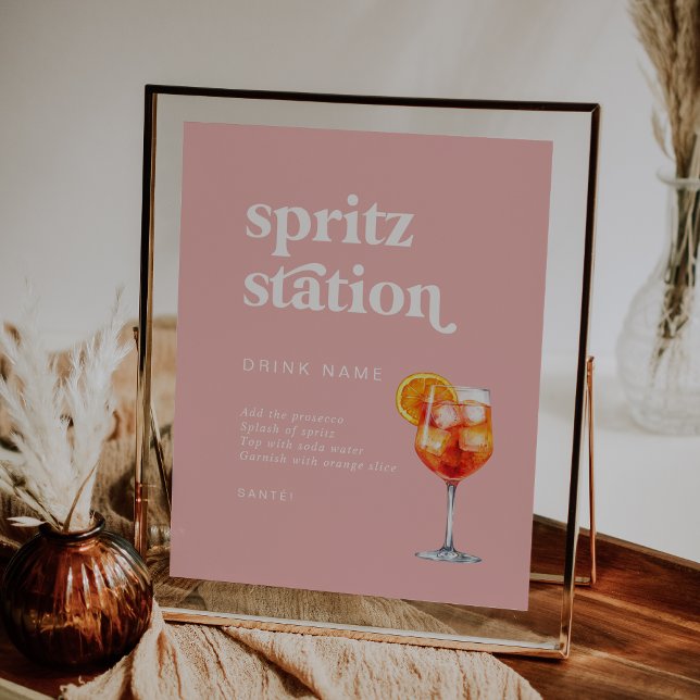 Retro Summer Rosa Bröllop Spritz Station-tecken Poster (Retro Summer Pink Wedding Spritz Station Sign)