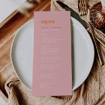 Retro Summer | Rosa och Orange Bröllop Middag Menu Meny<br><div class="desc">Det här menykortet för sommarmiddag och orange bröllop är perfekt för ett färglöst bröllop. Den unika moderna vintagens utformning har en  rosa,  stark orange och en pulserande palett med tropisk strandviber från roligt med färg. Den här menyn kan användas för bröllopsmottagning,  repetitionsmiddag eller vad som helst.</div>