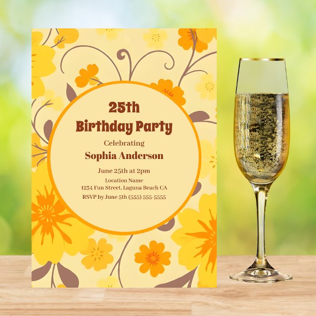 Retro Sun shine Gula Blommor-Födelsedagsinbjudan Inbjudningar (Retro Sunshine Yellow Flowers-Birthday Invitation )