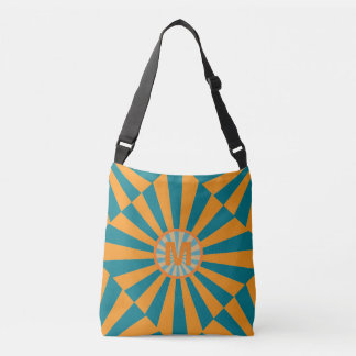 Retro Sunbeam Blue Orange Cool Striped Monogram Axelväska