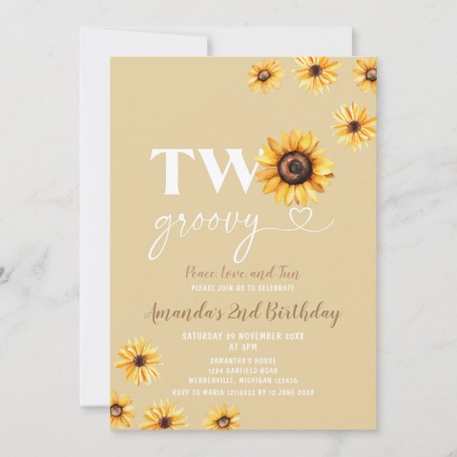 Retro Sunblommor Two Groovy Födelsedagsfest Inbjudningar (Framsida)