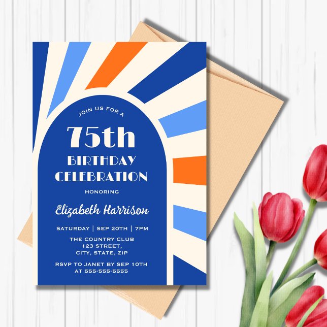 Retro Sunburst Arch Typography Birthday Blue Inbjudningar (Skapare uppladdad)
