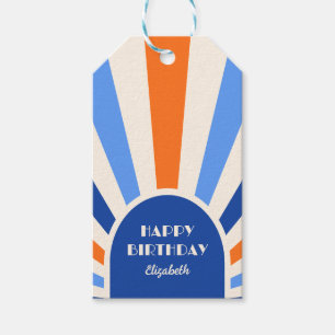 Retro Sunburst Arch Typography Birthday Blue Presentetikett