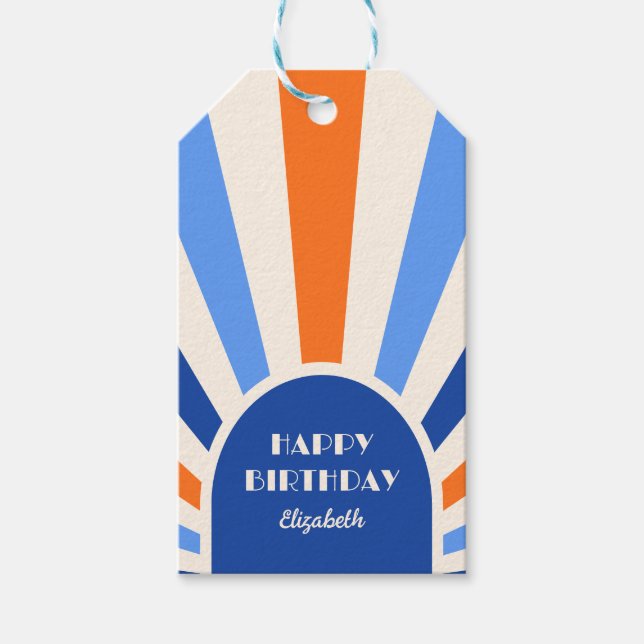 Retro Sunburst Arch Typography Birthday Blue Presentetikett (Framsidan)
