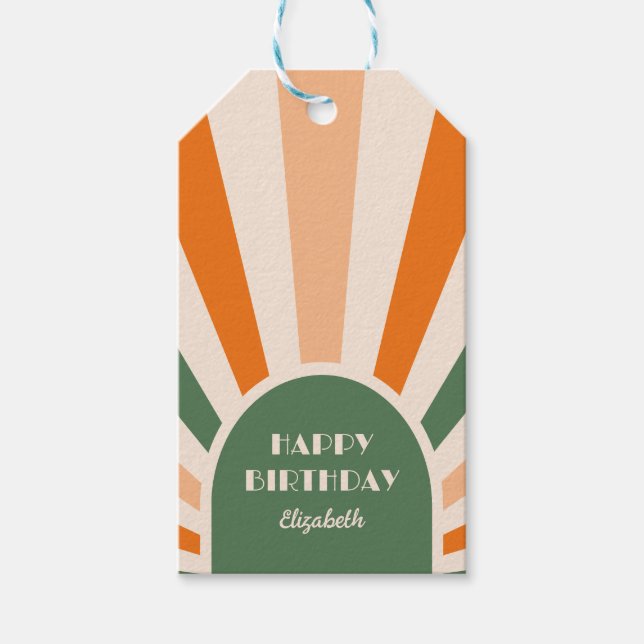 Retro Sunburst Arch Typography Birthday Grönt Presentetikett (Framsidan)