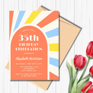Retro Sunburst Arch Typography Birthday Orange Inbjudningar