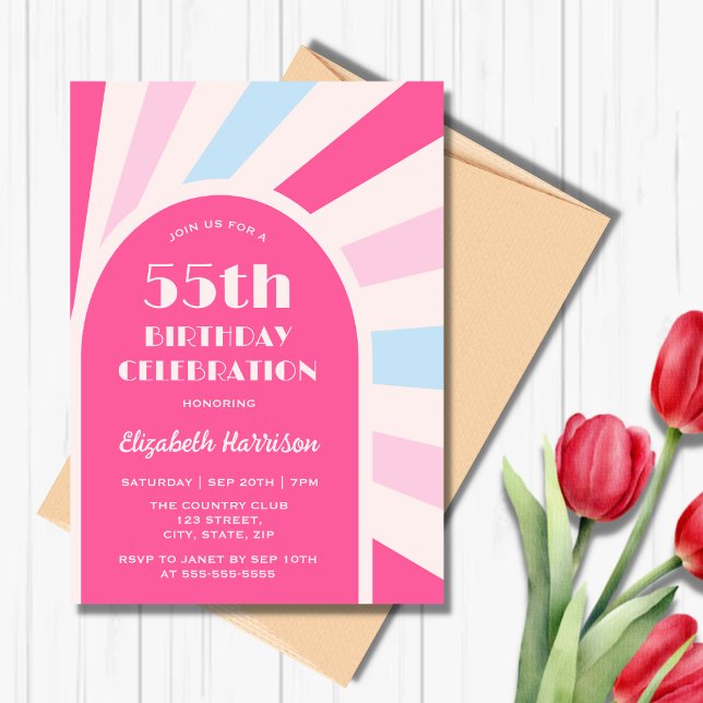 Retro Sunburst Arch Typography Birthday Rosa Inbjudningar (Skapare uppladdad)