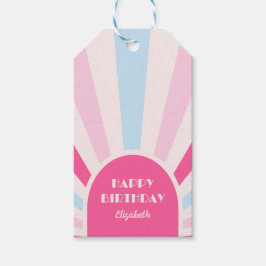Retro Sunburst Arch Typography Birthday Rosa Presentetikett