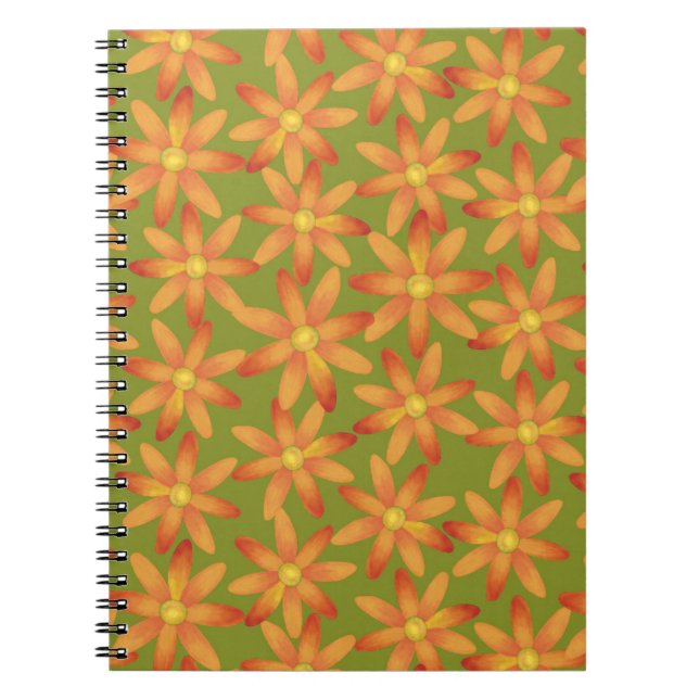 Retro Sunburst Daisy Floral in Golden Olive Anteckningsbok (Framsidan)