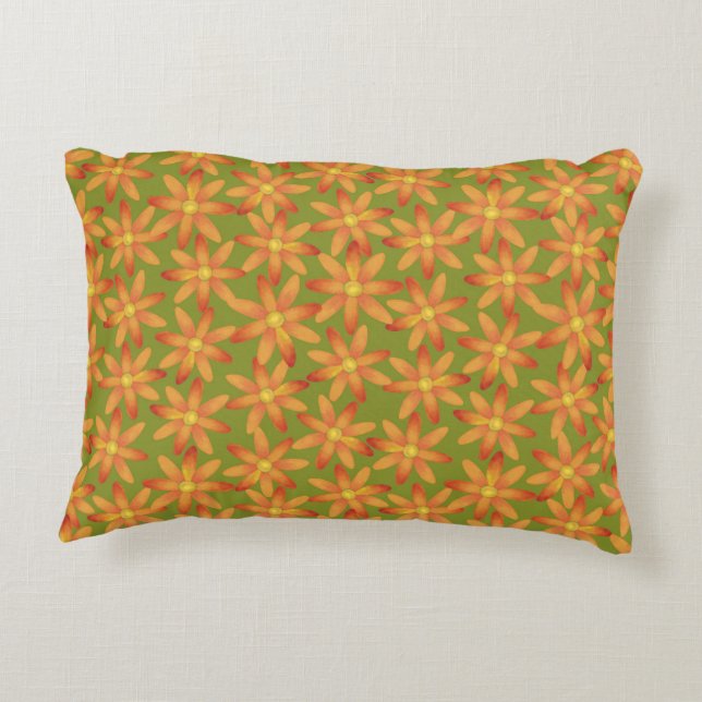 Retro Sunburst Daisy Floral in Golden Olive Prydnadskudde (Baksidan)