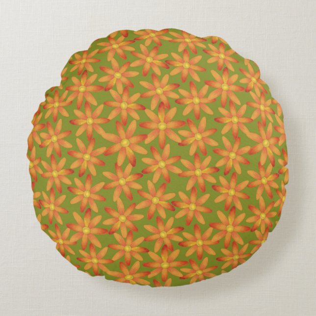 Retro Sunburst Daisy Floral in Golden Olive Rund Kudde (Framsidan)
