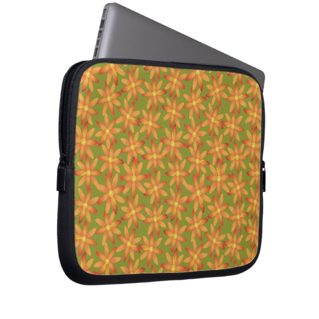 Retro Sunburst Marguerit Blommig i Guld Oliv Laptop Fodral (Framsidan Höger)