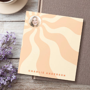 Retro sunburst swirt orange sol-foto och namn anteckningsblock