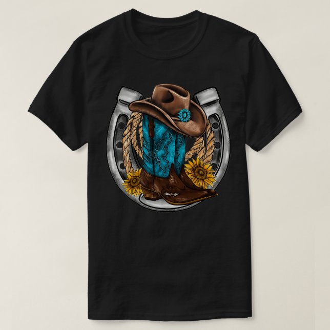 Retro Sunflower Horseshoe Cowgirl Boots Hat Rope W T Shirt (Design framsida)