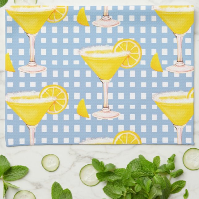 Retro Sunny Gult Lemon Drop Blue White Check Kökshandduk (Fun lemon drop kitchen towelL)