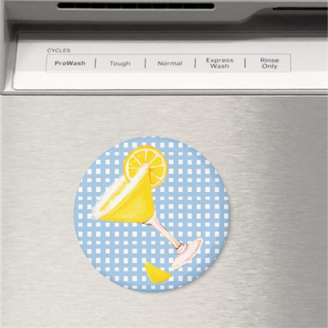 Retro Sunny Gult Lemon Drop Blue White Check Magnet (Cute lemon drop magnet makes a fun hostess gift!)