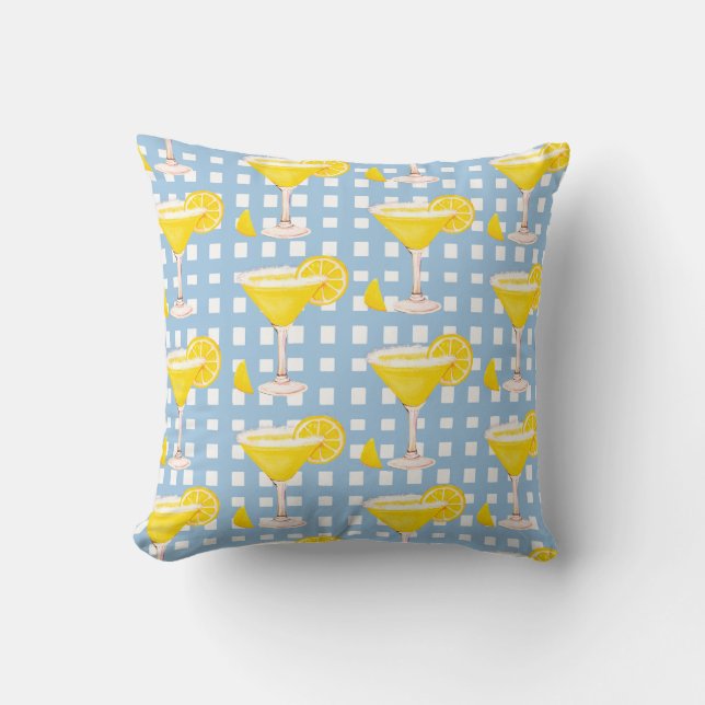 Retro Sunny Yellow Lemon Drop Blue White Check Kudde (Framsida)