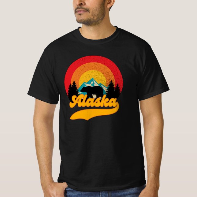 Retro Sunset Alaska Juneau Bear Mountains Vild AK T Shirt (Framsida)