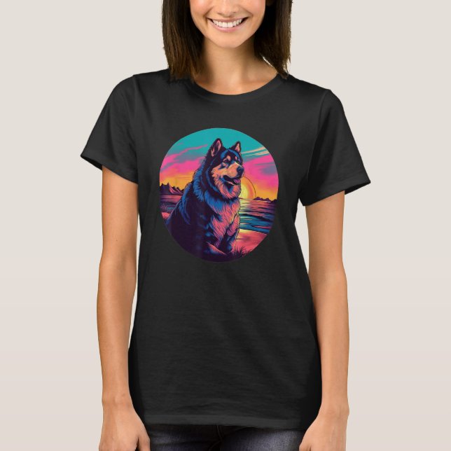 Retro Sunset Alaskan Malamute Dog T Shirt (Framsida)