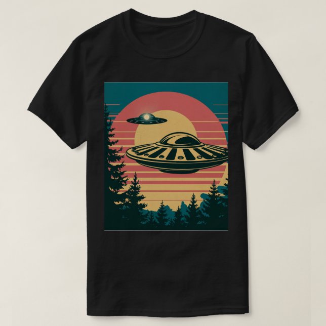 Retro Sunset Alien Spaceship Träd Black T-Shirt (Design framsida)