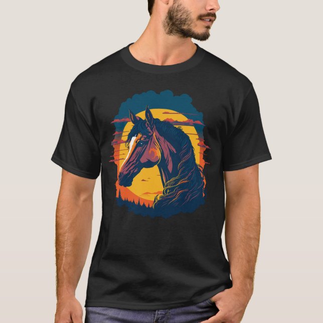 Retro Sunset and Horse Head T Shirt (Framsida)