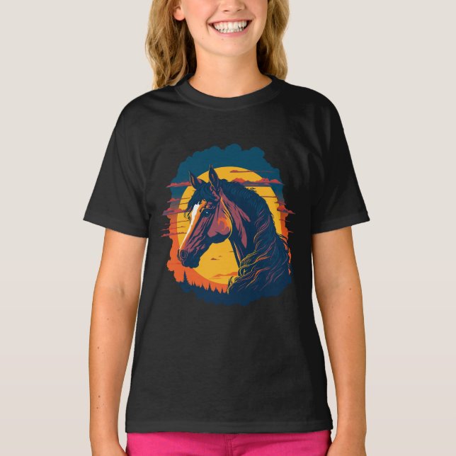 Retro Sunset and Horse Head T Shirt (Framsida)