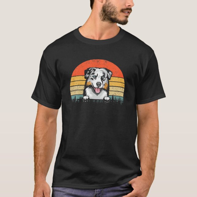 Retro Sunset Australian shepherd Hund Mamma jul T Shirt (Framsida)