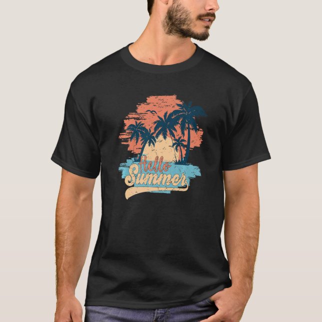 Retro Sunset Beach Handflatan Hej Summer Paradise  T Shirt (Framsida)