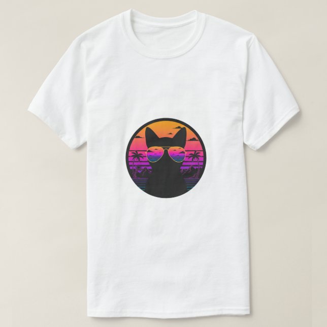 Retro Sunset Cat Aviator Sunglasses Vaporwave  T Shirt (Design framsida)