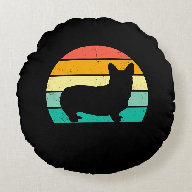 Retro Sunset Corgi Rund Kudde (Framsidan)
