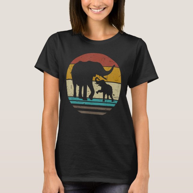 Retro Sunset Cute Elephants Mamma Baby Zoolog Bir T Shirt (Framsida)