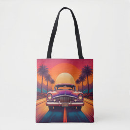 Retro Sunset Drive med Classic Car Tote Bag Tygkasse