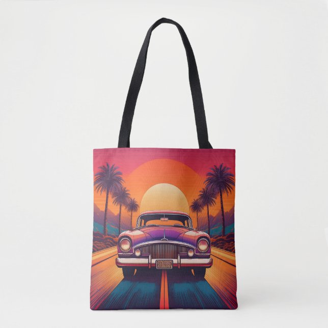 Retro Sunset Drive med Classic Car Tote Bag Tygkasse (Framsida)