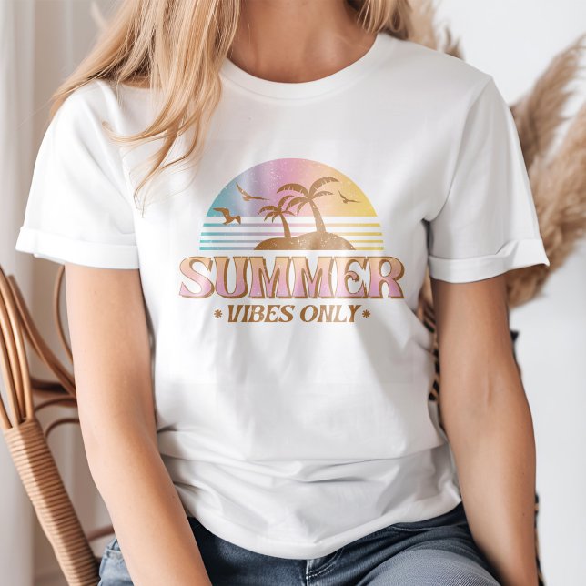 Retro Sunset Gradient "Summer Vibes Only" T Shirt (Young blond woman wearing a Retro Sunset Gradient "Summer Vibes Only" T-Shirt.)