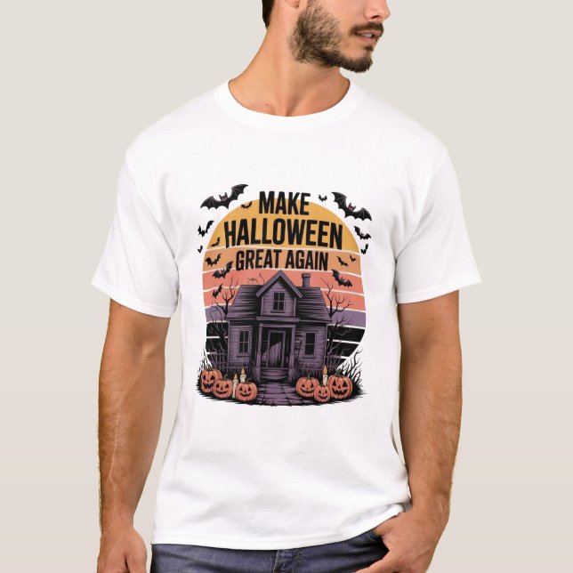 Retro Sunset Halloween Artwork - Creepy Haunted T Shirt (Framsida)