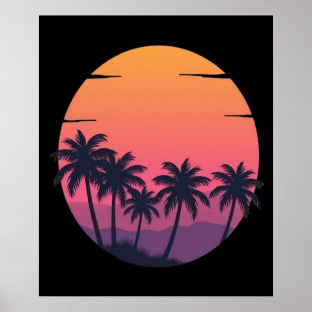 Retro Sunset Handflatan Träd Poster (Framsidan)