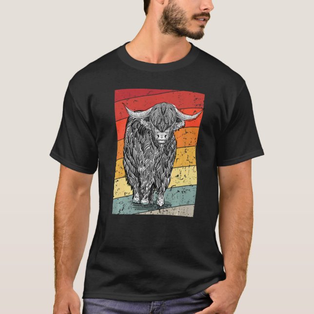 Retro Sunset Highland Cows Women Girls Cow T Shirt (Framsida)