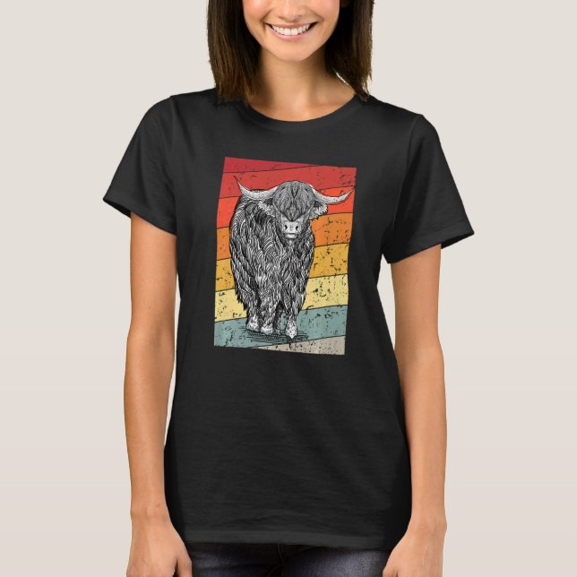 Retro Sunset Highland Cows Women Girls Cow T Shirt (Framsida)