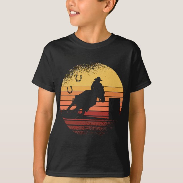 Retro Sunset Horse Barrel Tävla Rodeo T Shirt (Framsida)