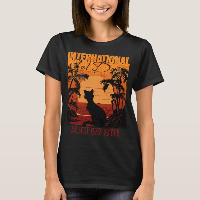 Retro Sunset Internationell Cat Day T Shirt (Framsida)
