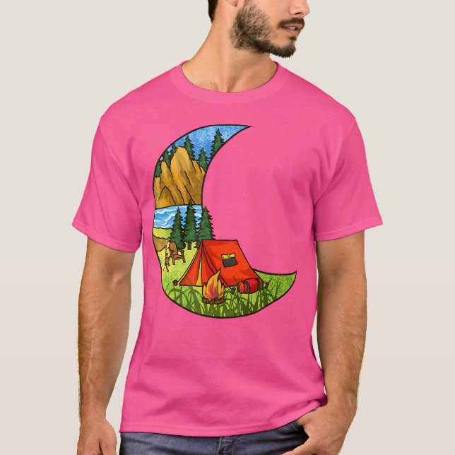 Retro Sunset Måne Camper Campfire Funny Mountains T Shirt (Framsida)