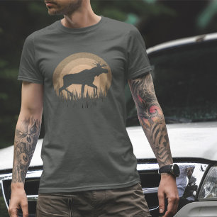Retro Sunset Moose Silhouette Nature Peach Grått T Shirt