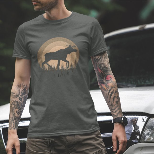 Retro Sunset Moose Silhouette Nature Peach Grått T Shirt (Skapare uppladdad)