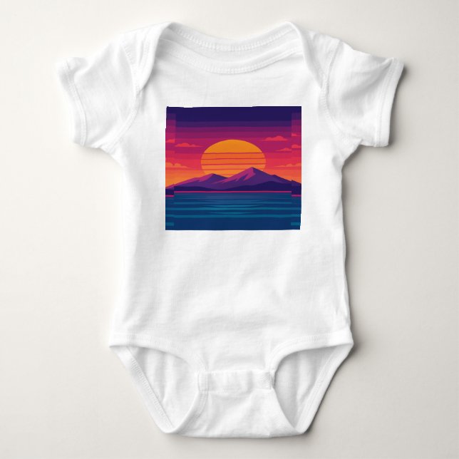 Retro Sunset Mountains & Ocean 80 s Art T Shirt (Framsida)