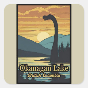 Retro sunset Ogopogo, Okanagan Sjö Monster 70-tale Fyrkantigt Klistermärke