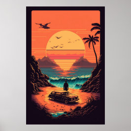 Retro sunset på strand poster