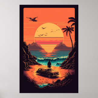 Retro sunset på strand poster