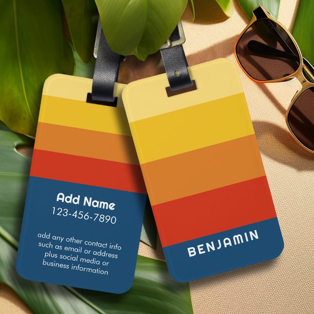 Retro Sunset Rand med enkel Sans Serif Namn Bagagebricka (Personalized Luggage Tag - Retro Sunset Stripe Pattern)