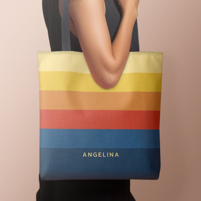 Retro Sunset Rand med enkel Sans Serif Namn Tygkasse (Personalized tote bag with retro stripes and text)